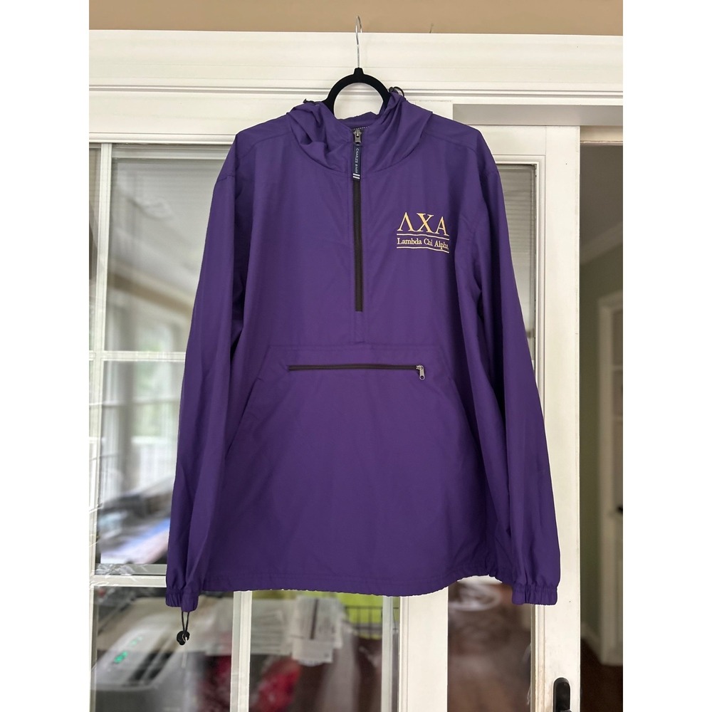 Charles River Purple Windbreaker Mens XL Lambda Chi Alpha Half-Zip Hooded Jacket